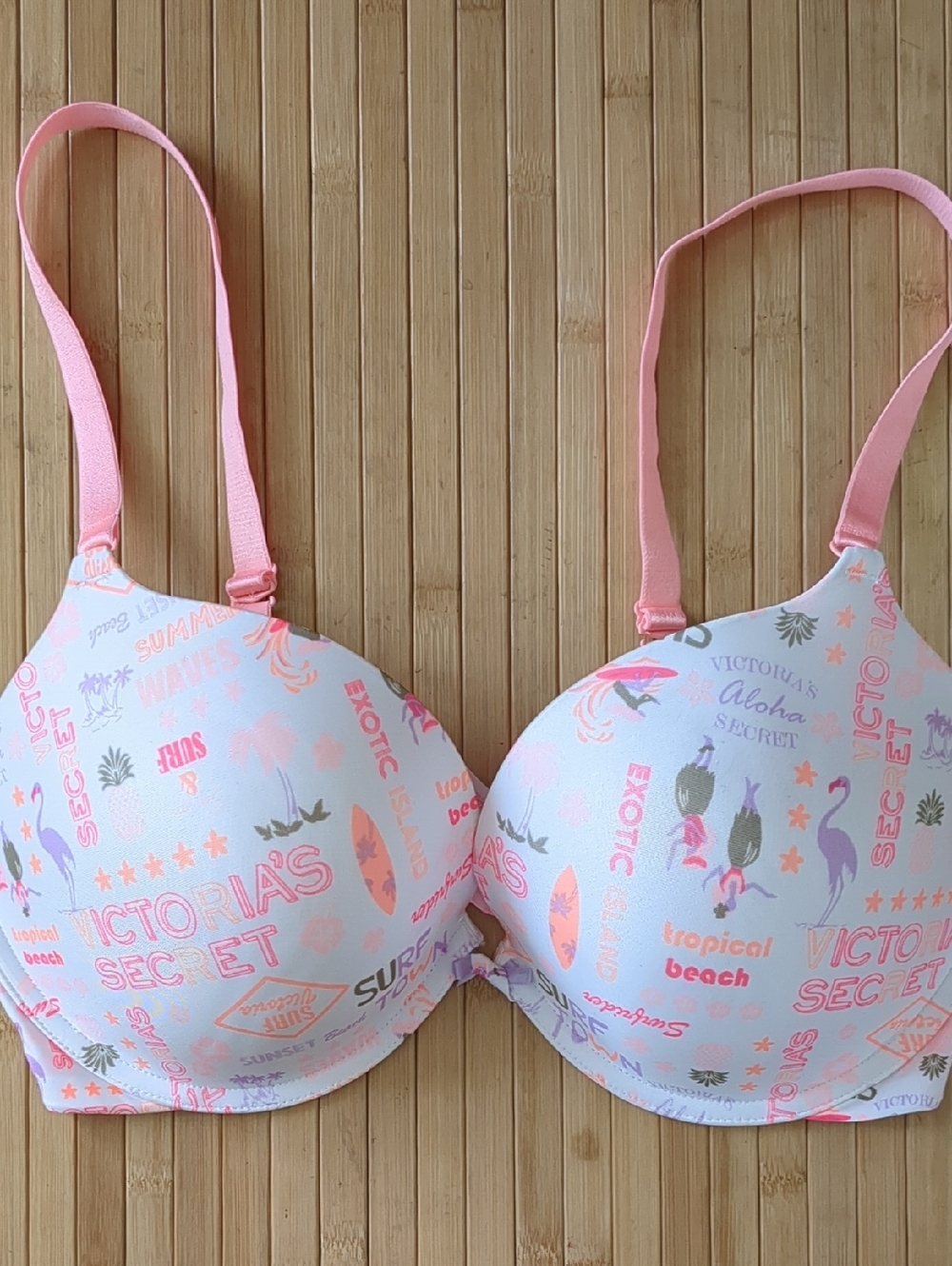 Victoria's Secret White & Pink Tropical Print Push Up T-Shirt Bra, Size 36DD